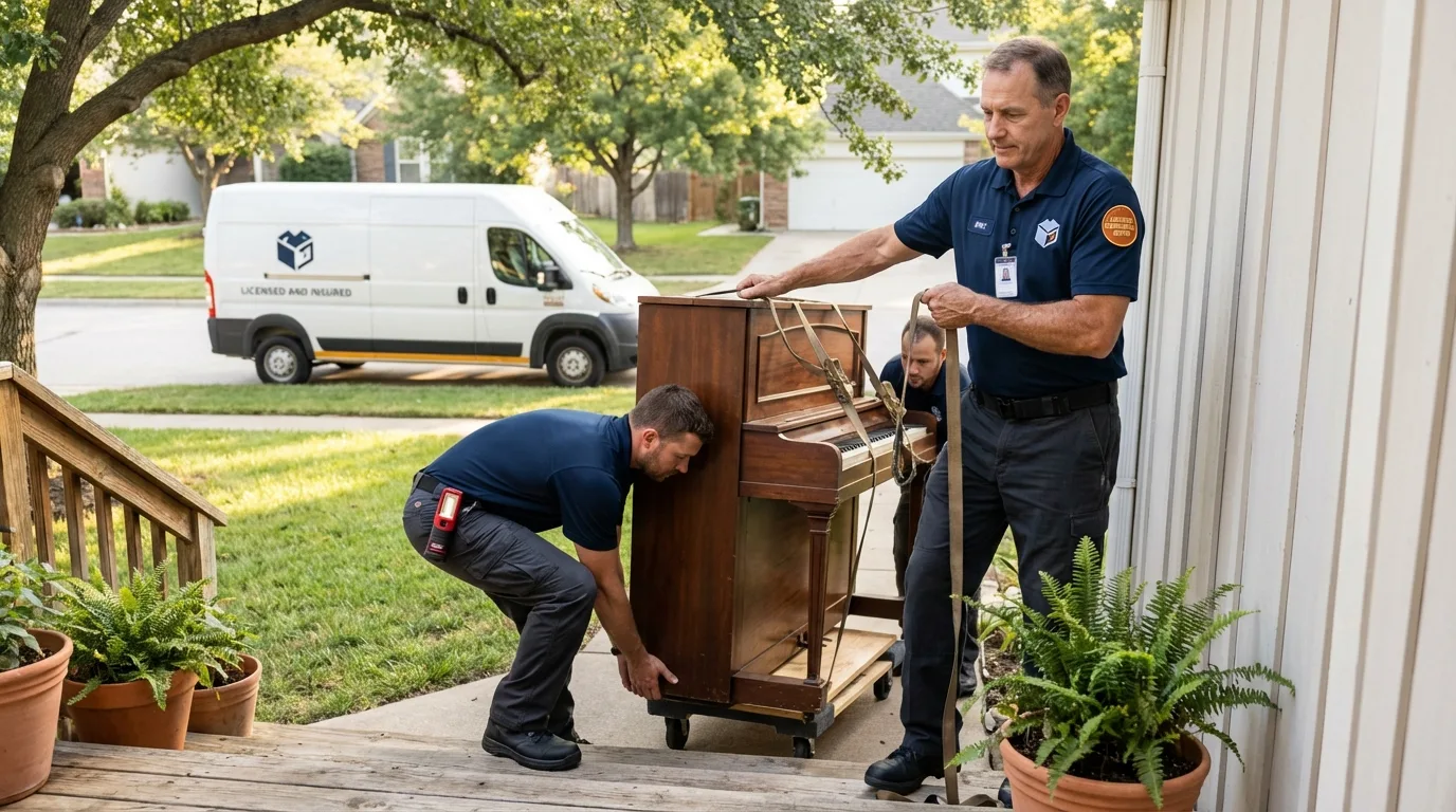 Licensed piano movers securing grand piano in Rancho Mirage, CA