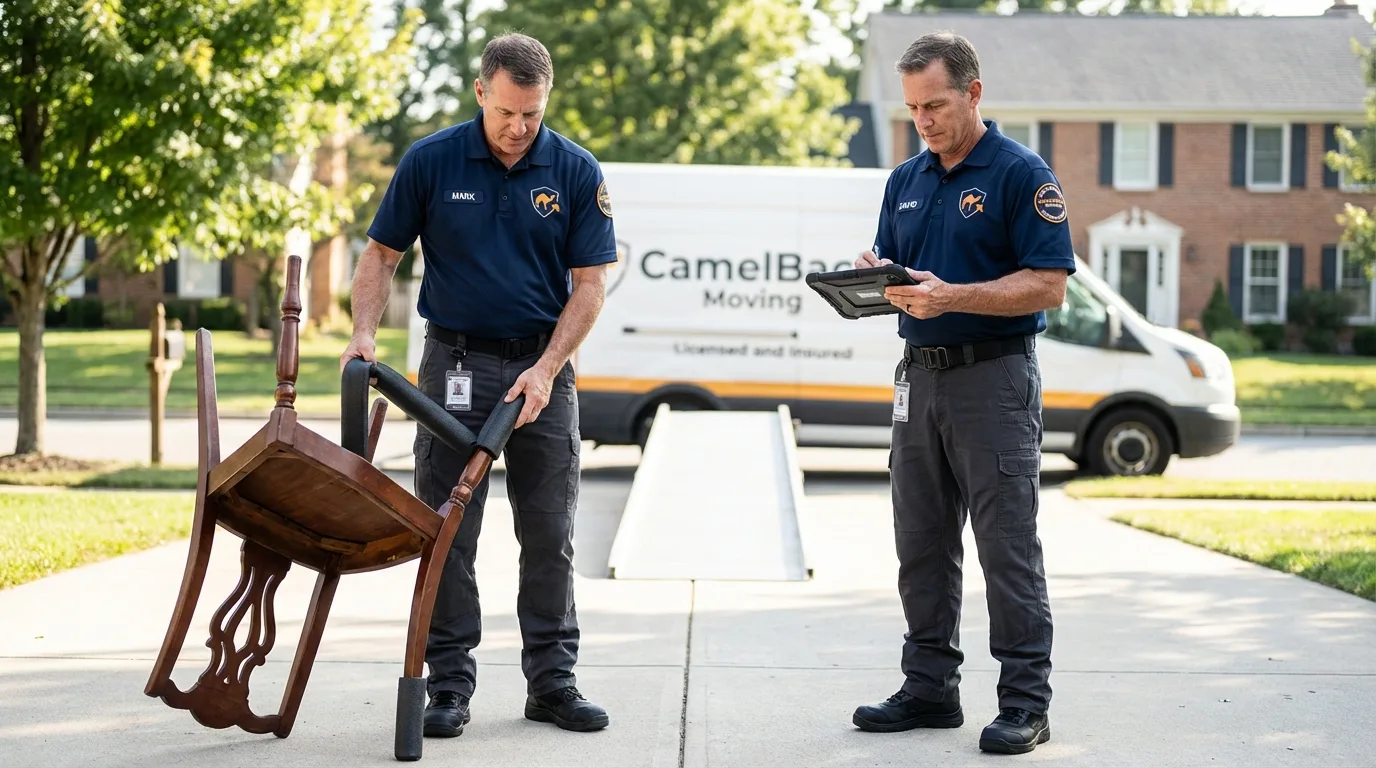 Movers inspecting furniture for damage prevention before loading in Rancho Mirage, CA