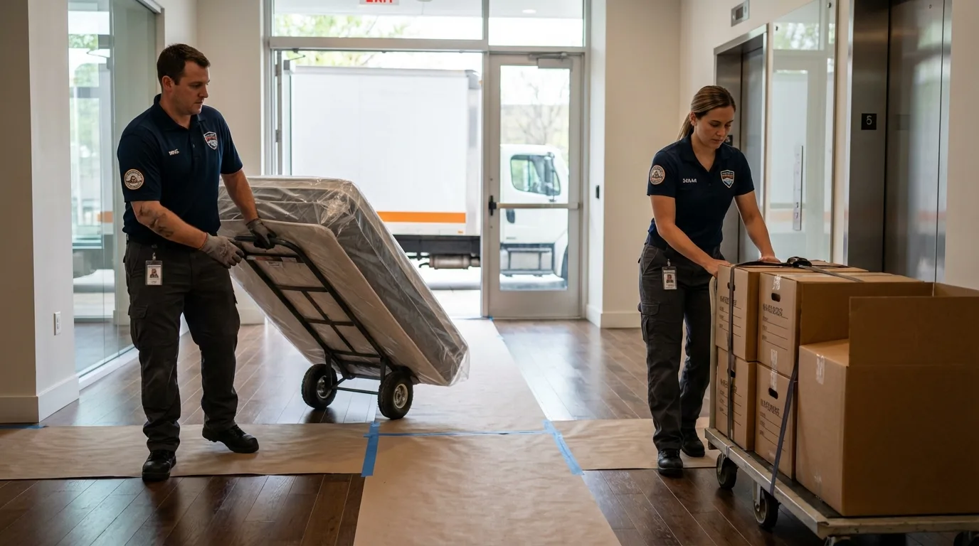Professional apartment movers loading elevator in Rancho Mirage, CA
